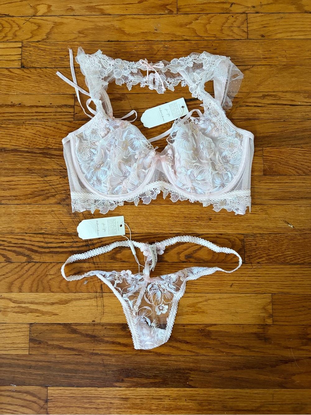 For Love And Lemons Pale Pink Floral Lace Underwire Bra & Thong Set